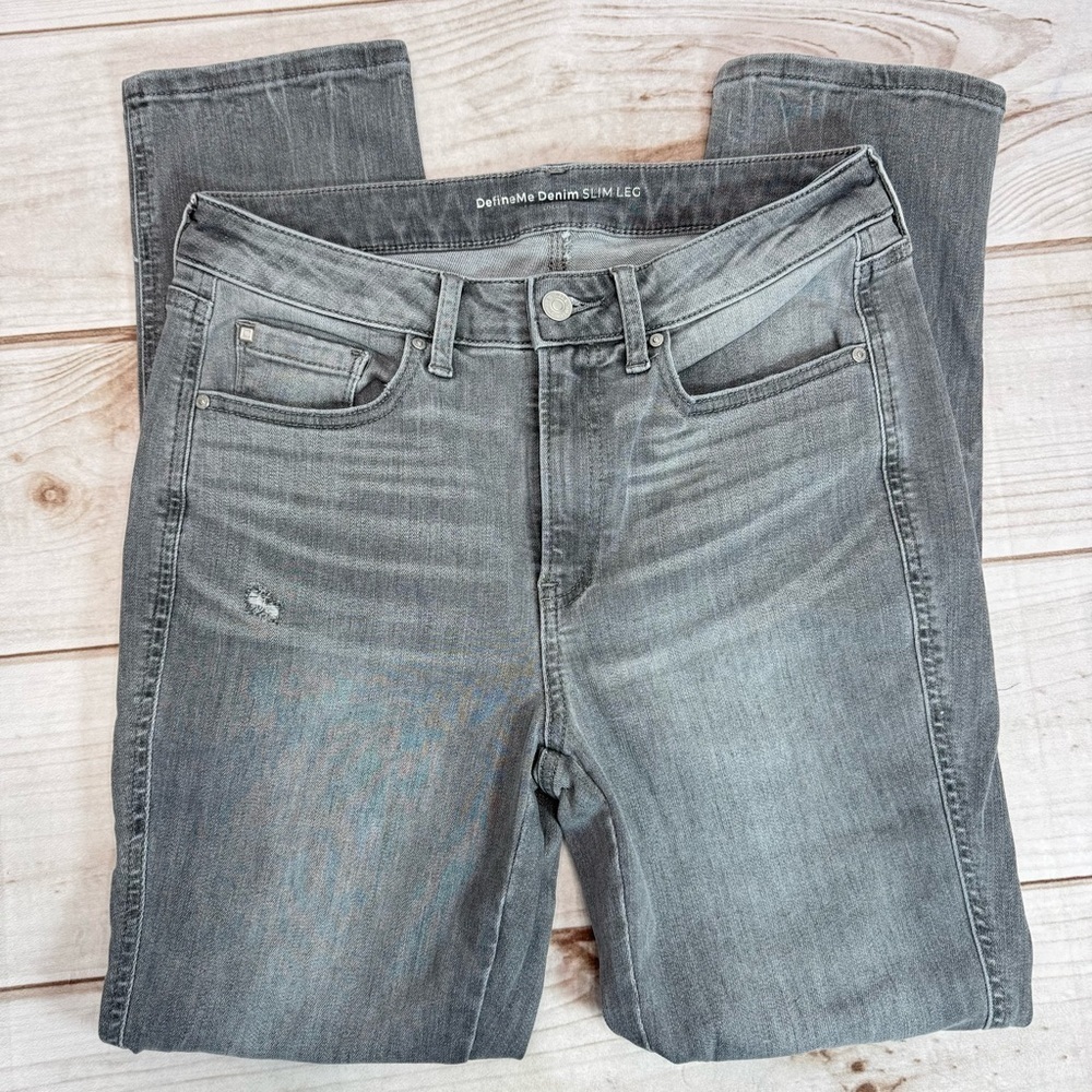 Chico’s Define Me Denim Gray Slim Leg 5 Pocket Ankle Jeans Lightly Distressed